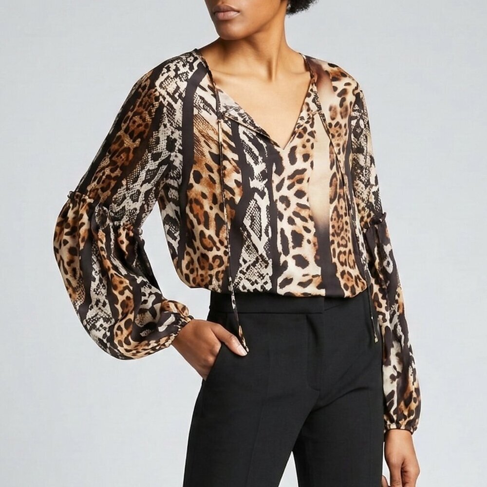Kobi Halperin Fallon Animal-Print Blouson-Sleeve Silk Blouse XS NWT